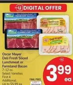 Albertsons Oscar Mayer Deli Fresh Sliced Lunchmeat or Farmland Bacon - 7-12 oz. Select Varieties offer