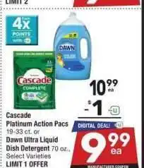 Albertsons Cascade Platinum Action Pacs 19-33 ct. or Dawn Ultra Liquid Dish Detergent 70 oz. - Select Varieties offer