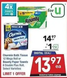 Albertsons Charmin Bath Tissue 12 Mega Roll or Bounty Paper Towels 6 Double Plus Roll - Select Varieties offer