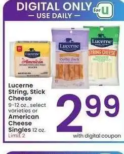 Albertsons Lucerne String, Stick Cheese 9-12 oz., select varieties or American Cheese Singles 12 oz offer