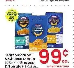 Albertsons Kraft Macaroni & Cheese Dinner 7.25 oz. or Shapes & Spirals 5.5-7.3 oz. - select varieties offer