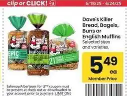 Albertsons Dave's Killer Bread, Bagels, Buns or English Muffins - Selected sizes and varieties offer