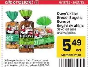 Albertsons Dave's Killer Bread, Bagels, Buns or English Muffins - Selected sizes and varieties offer