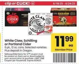 Albertsons White Claw, Schilling or Portland Cider - 6 pk., 12 oz. cans. Selected varieties offer