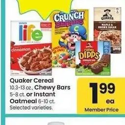 Albertsons Quaker Cereal 10.3-13 oz., Chewy Bars 5-8 ct. or Instant Oatmeal 6-10 ct. - Selected varieties offer