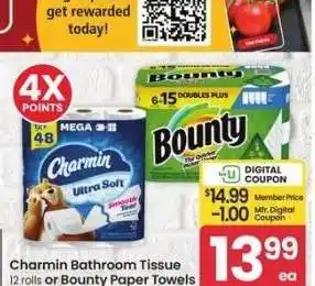 Albertsons Charmin Bathroom Tissue 12 rolls or Bounty Paper Towels 6 rolls. - Selected varieties offer