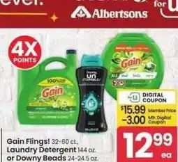 Albertsons Gain Flings! 32-60 ct., Laundry Detergent 144 oz. or Downy Beads 24-24.5 oz. - Selected varieties offer