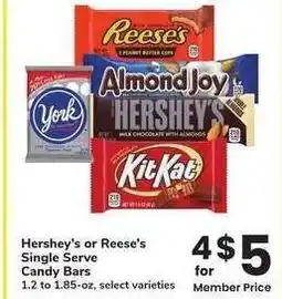 Albertsons Hershey's or Reese's Single Serve Candy Bars - 1.2 to 1.85-oz, select varieties offer