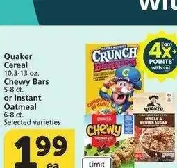 Albertsons Quaker Cereal 10.3-13 oz. Chewy Bars 5-8 ct. or Instant Oatmeal 6-8 ct. - Selected varieties offer