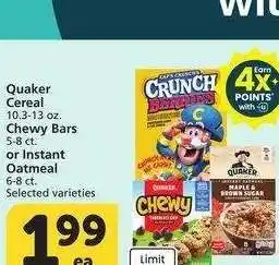 Albertsons Quaker Cereal 10.3-13 oz. Chewy Bars 5-8 ct. or Instant Oatmeal 6-8 ct. - Selected varieties offer
