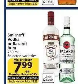 Albertsons Smirnoff Vodka or Bacardi Rum - 750 ml. Selected varieties Single Member Price: $8.88 Mix or Match offer