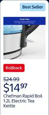 Walmart Chefman Rapid Boil 1.2L Electric Tea Kettle with Removable Lid - Stainless Steel, New offer