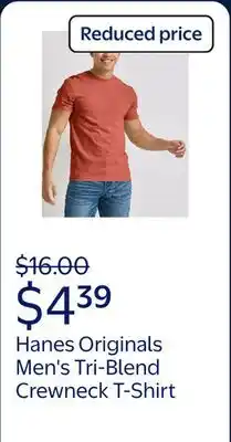 Walmart Hanes Originals Men's T-Shirt Short Sleeve Tri-Blend Crewneck Modern Fit offer