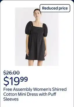 Walmart Free Assembly Women's Shirred Cotton Mini Dress with Puff Sleeves offer