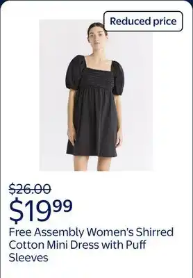 Walmart Free Assembly Women's Shirred Cotton Mini Dress with Puff Sleeves offer