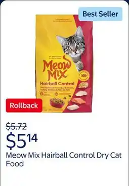Walmart Meow Mix Hairball Control Dry Cat Food for Adult Cats offer