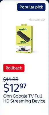 Walmart Onn Google TV Full HD Streaming Device, 2K FHD, Fast Wi-Fi, Dolby Audio, Google TV Voice Control offer