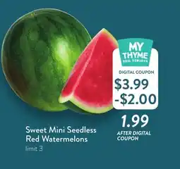 Fresh Thyme Sweet Mini Seedless Red Watermelons offer