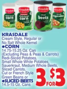 Bravo Supermarkets KRASDALE Cream Style, Regular or No Salt Whole Kernel offer
