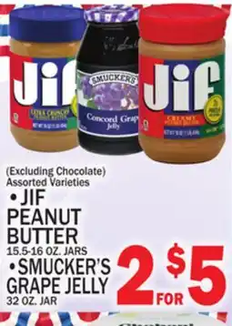 C Town JIF PEANUT BUTTER. 5-16 OZ. JARS15.5-16 OZ. JARS SMUCKER'S GRAPE JELLY 32 OZ. JAR offer