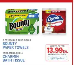 Kings Food Markets 6 CT. DOUBLE PLUS ROLLS BOUNTY PAPER TOWELS, 12 CT. MEGA ROLLS CHARMIN BATH TISSUE offer
