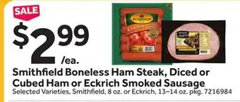 Stop&Shop Smithfield Boneless Ham Steak, Diced or Cubed Ham or Eckrich Smoked Sausage offer