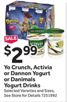 Stop&Shop Yo Crunch, Activia or Dannon Yogurt or Danimals Yogurt Drinks offer