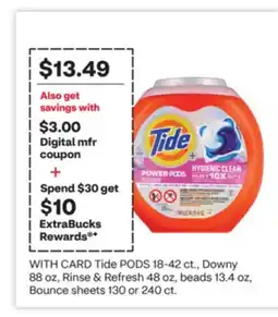 CVS Tide PODS 18-42 ct., Downy 88 oz, Rinse & Refresh 48 oz, beads 13.4 oz, Bounce sheets 130 or 240 ct offer