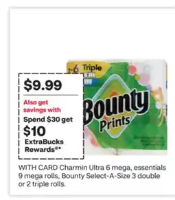 CVS Charmin Ultra 6 mega, essentials 9 mega rolls, Bounty Select-A-Size 3 double or 2 triple rolls offer