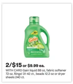 CVS Gain liquid 88 oz, fabric softener 72 oz, flings! 31-42 ct., beads 12.2 oz or dryer sheets 240 ct offer