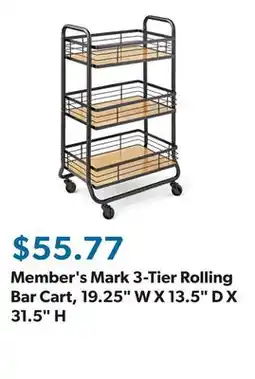 Sam's Club Member's Mark 3-Tier Rolling Bar Cart, 19.25 W X 13.5 D X 31.5 H offer