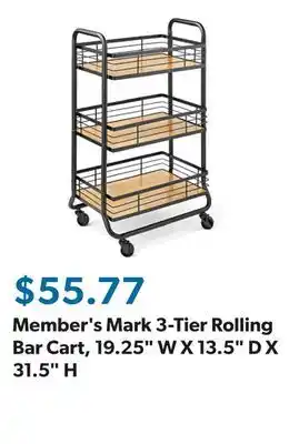 Sam's Club Member's Mark 3-Tier Rolling Bar Cart, 19.25 W X 13.5 D X 31.5 H offer