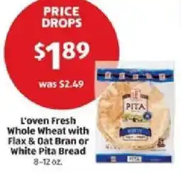 Aldi L'oven fresh whole wheat with flax & oat bran or white pita bread offer