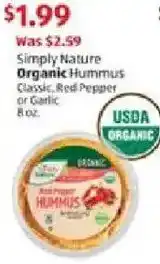 Aldi Simply nature organic hummus classic red pepper or garlic offer