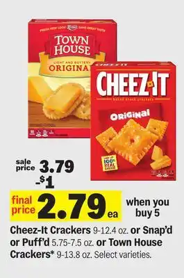 Meijer Cheez-It Crackers 9-12.4 oz. or Snap'd or Puff'd 5.75-7.5 oz. or Town House Crackers* 9-13.8 oz offer