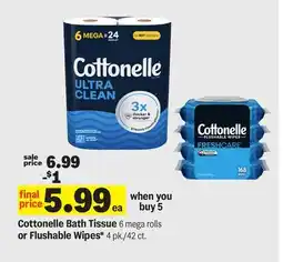 Meijer Cottonelle Bath Tissue 6 mega rolls or Flushable Wipes* 4 pk./42 ct offer