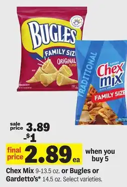 Meijer Chex Mix 9-13.5 oz. or Bugles or Gardetto's* 14.5 oz offer