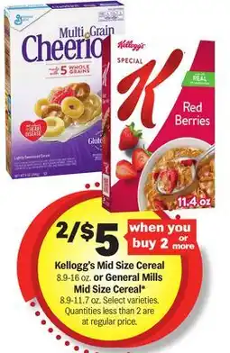 Meijer Kellogg's Mid Size Cereal 8.9-16 oz. or General Mills Mid Size Cereal* 8.9-11.7 oz offer