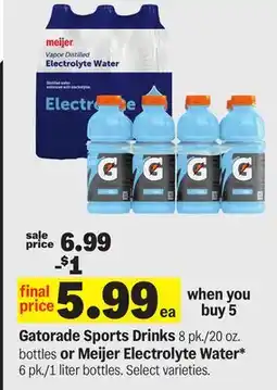 Meijer Gatorade Sports Drinks 8 pk./20 oz. bottles or Meijer Electrolyte Water 6 pk./1 liter bottles offer