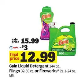 Meijer Gain Liquid Detergent 144 oz., Flings 32-60 ct. or Fireworks* 21.1-24 oz offer