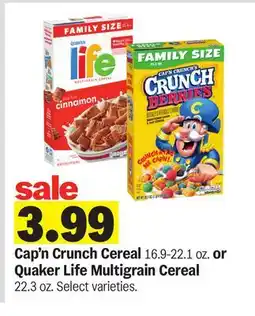 Meijer Cap'n Crunch Cereal 16.9-22.1 oz. or Quaker Life Multigrain Cereal 22.3 oz offer