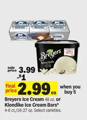 Meijer Breyers Ice Cream 48 oz. or Klondike Ice Cream Bars 4-6 ct./16-27 oz offer
