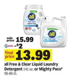 Meijer all Free & Clear Liquid Laundry Detergent 141 oz. or Mighty Pacs* 56-60 ct offer
