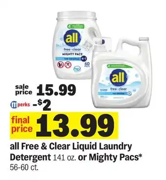 Meijer all Free & Clear Liquid Laundry Detergent 141 oz. or Mighty Pacs* 56-60 ct offer