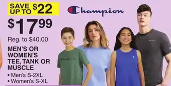 Dunham's Sports CHAMPION MEN'S OR WOMEN'S TEE, TANK OR MUSCLE offer