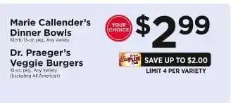 ShopRite Marie Callender's Dinner Bowls / Dr. Praeger's Veggie Burgers offer