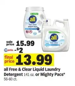 Meijer all Free & Clear Liquid Laundry Detergent or Mighty Pacs offer