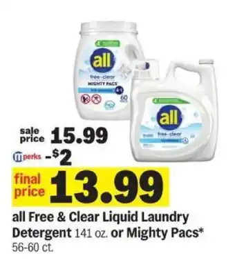Meijer all Free & Clear Liquid Laundry Detergent or Mighty Pacs offer