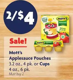 Family Dollar Mott's Applesauce Pouches 3.2 oz., 4 pk. or Cups 4 oz., 6 pk offer