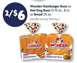 Family Dollar Wonder Hamburger Buns or Hot Dog Buns 13-15 oz., 8 ct. or Bread 20 oz offer